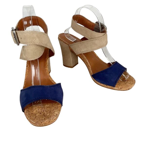 Lucky Brand Sundo Ankle Strap Block Heels 10 Blue Tan New - Picture 10 of 10